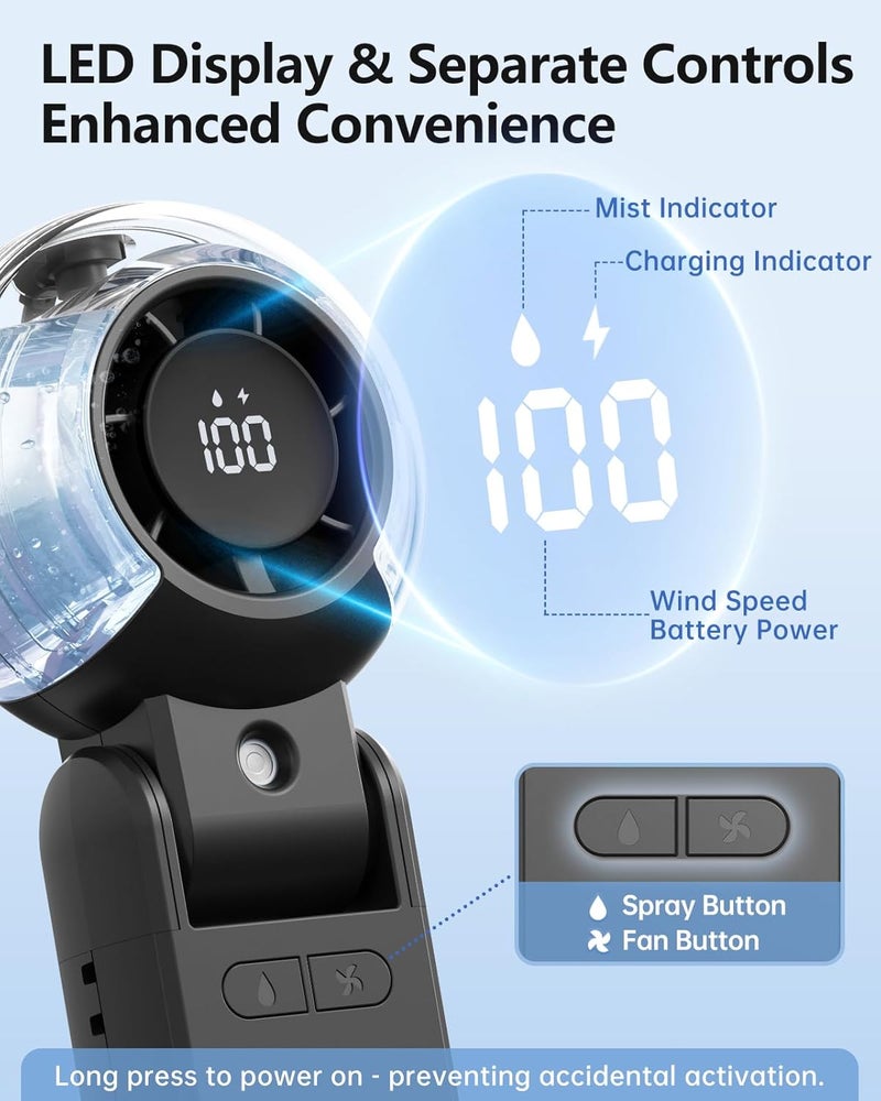 TriPole Misting Fan Portable Handheld Turbo Fan with Mist, LED Display, Foldable High Speed Airflow Mini Fans, Rechargeable Personal Mister with Water Spray Bottle for Summer Trip Beach Camping, Black - Image 4